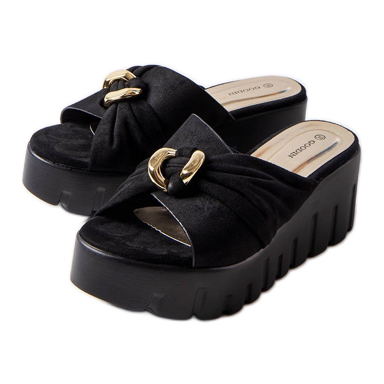 Goodin Zapatillas de casa de mujer Laura negras con cuña negro