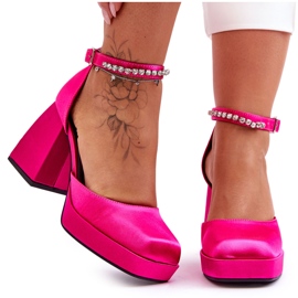 Bombas de moda en tacones masivos con circonitas fucsia adel rosado