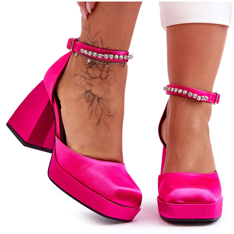 Bombas de moda en tacones masivos con circonitas fucsia adel rosado