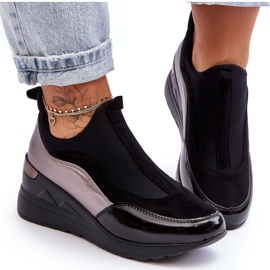 PE1 Zapatillas De Mujer Slip-On Wedge Negras Y Plateadas Farro negro