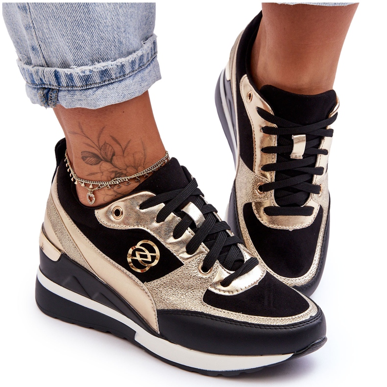 PE1 Zapatillas De Mujer Con Cuña Y Cordones Negro Y Dorado Genova