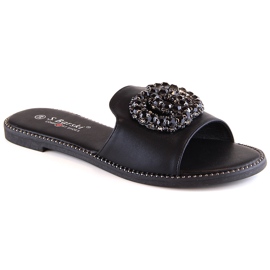 Zapatillas casa cómodas mujer planas con circonitas negras S.Barski Kv 520-30 negro