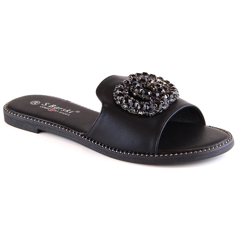 Zapatillas casa cómodas mujer planas con circonitas negras S.Barski Kv 520-30 negro