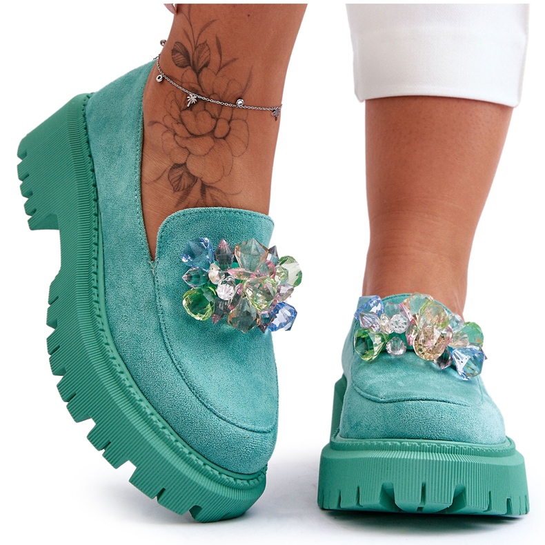 PS1 Mocasines De Mujer Con Cristales Decorativos Verde Avril PS1 Mocasines De Mujer Con Cristales Decorativos Verde Avril
