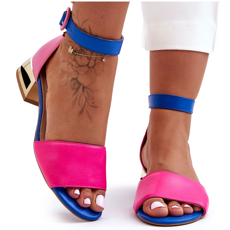Sandalias Piel Tacón Dorado Laura Messi 2143 Rosa-Azul rosado