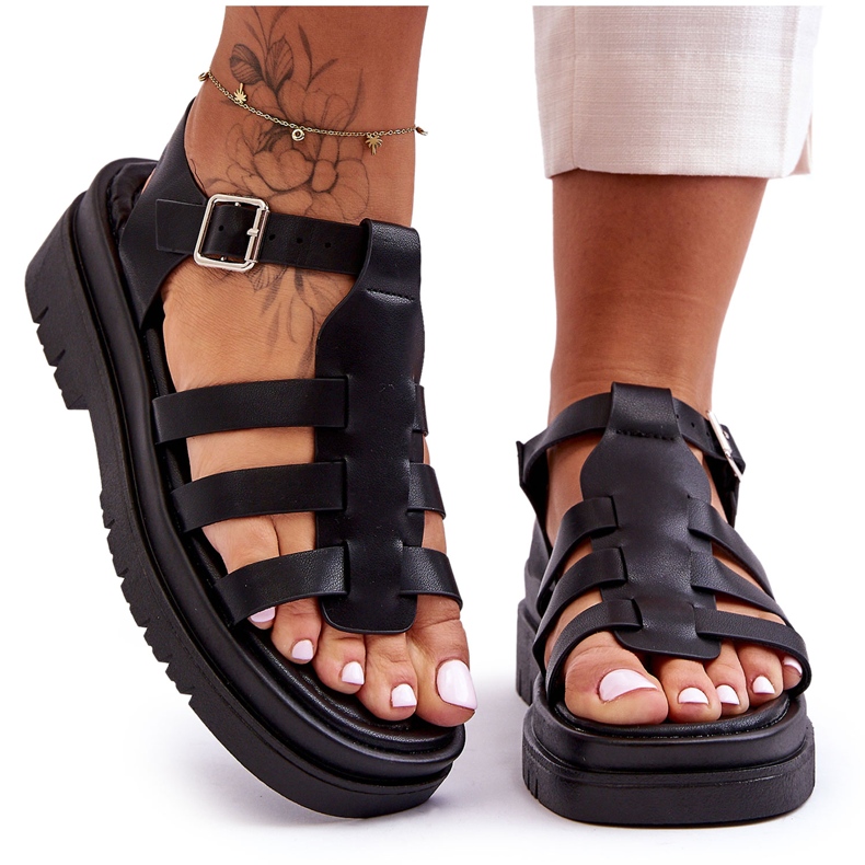 Sandalias Planas De Piel Con Tiras Negro Diosa