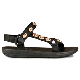 Sandalias planas de mujer con adornos dorados negro