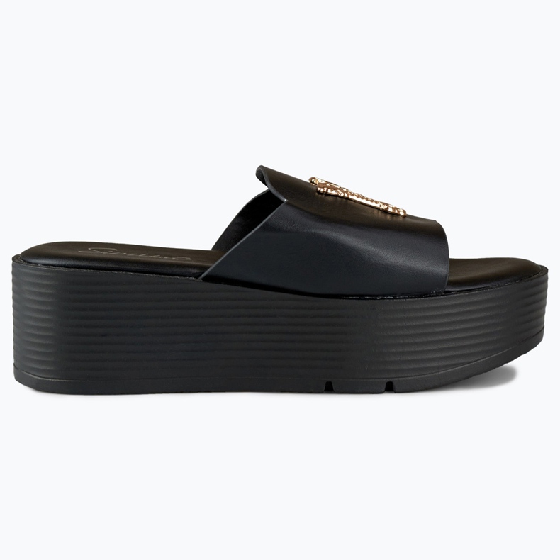Sandalias mujer cuña negras con adorno dorado negro