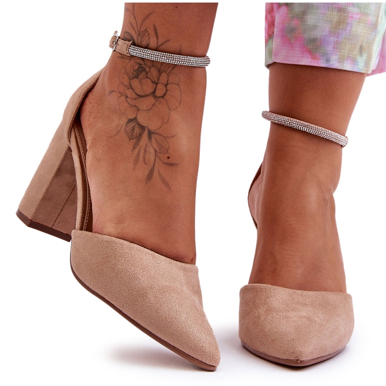 Zapatos De Tacón De Ante Diamante Beige Oscuro Con Circonitas Cúbicas Zapatos De Tacón De Ante Diamante Beige Oscuro Con Circonitas Cúbicas