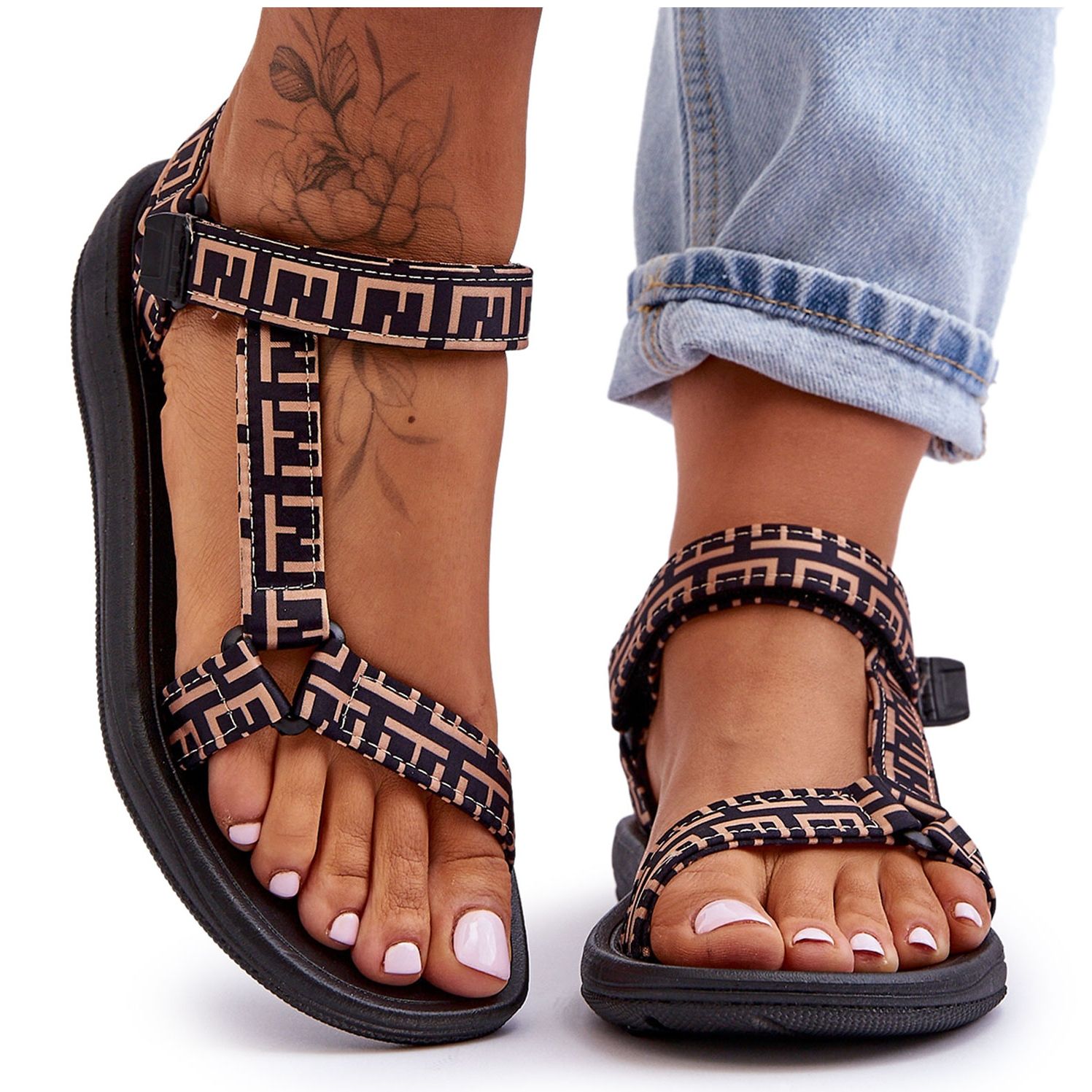 Sandalias Deportivas De Mujer De Sat n Negro Y Beige Victory