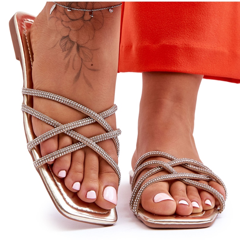 Pantuflas De Mujer Con Rayas Y Strass Golden Leomi dorado Pantuflas De Mujer Con Rayas Y Strass Golden Leomi dorado