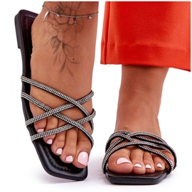 Pantuflas De Mujer Con Rayas Y Strass Negro Leomi