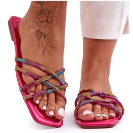 Pantuflas De Mujer Con Rayas Y Strass Multicolor Leomi rosado