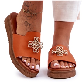 PG1 Pantuflas Mujer Piel Plataforma con Adorno Naranja Azera PG1 Pantuflas Mujer Piel Plataforma con Adorno Naranja Azera