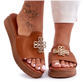 PG1 Pantuflas Mujer Piel Plataforma Con Adorno Marrón Azera