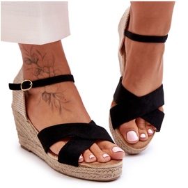 Sandalias De Mujer De Ante Con Cuñas Trenzadas, Negro Sandalias De Mujer De Ante Con Cuñas Trenzadas, Negro