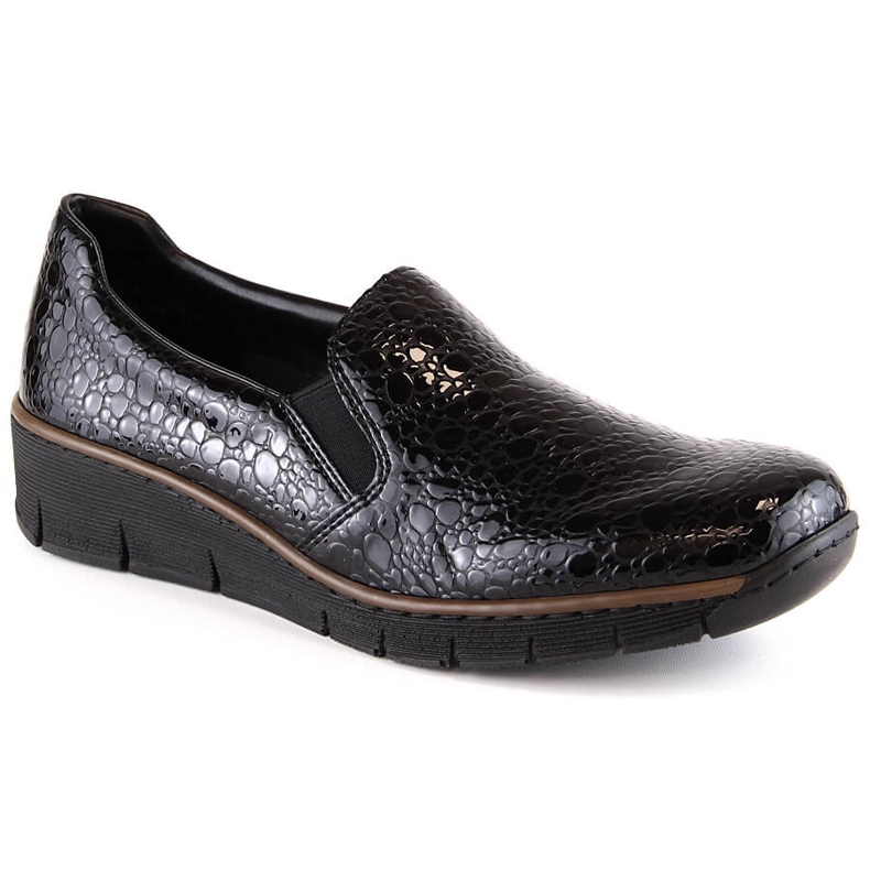 Cómodos zapatos de mujer lacados paso negro Rieker 53766-45