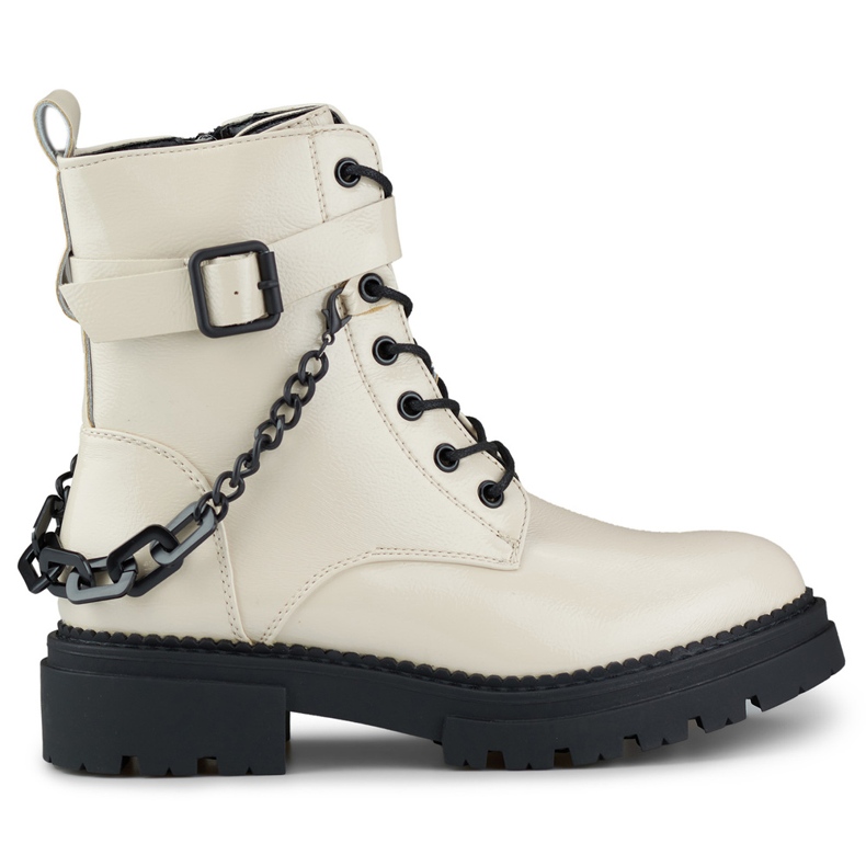 Botas de trabajo de mujer lacadas en beige con cadena desmontable