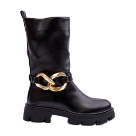 Botas Tacón Plano De Piel Negro Diominna