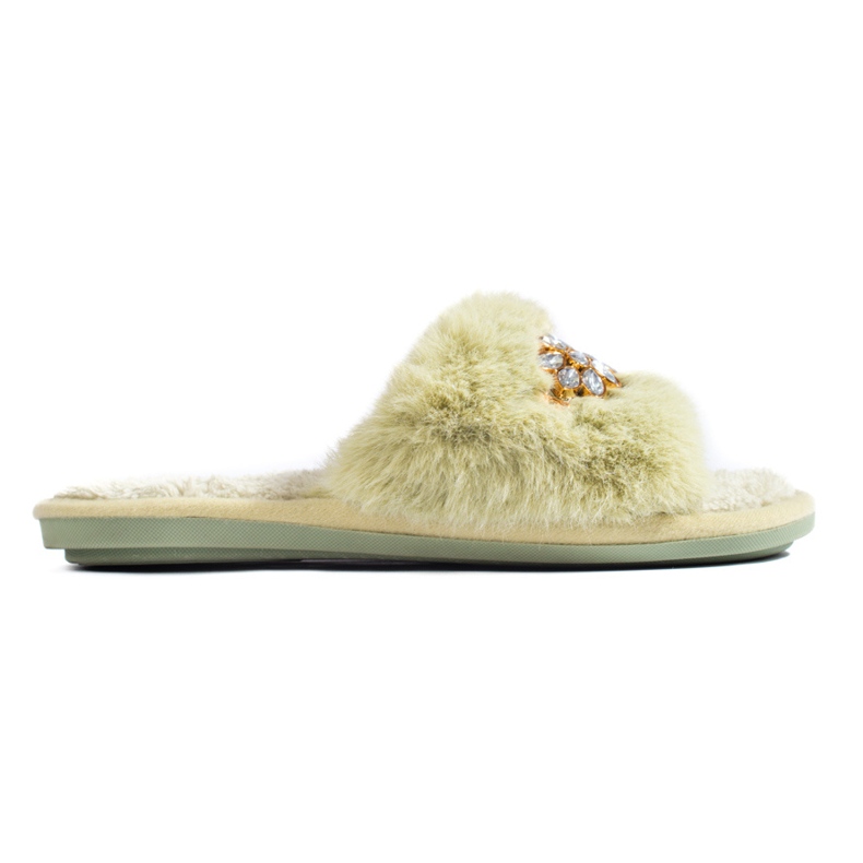 Pantuflas verde oliva con pelo y cristales de Shelovet