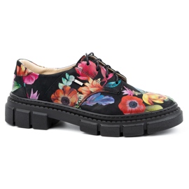 ARS Zapatos de mujer de piel con suela gruesa con flores 1163 negro