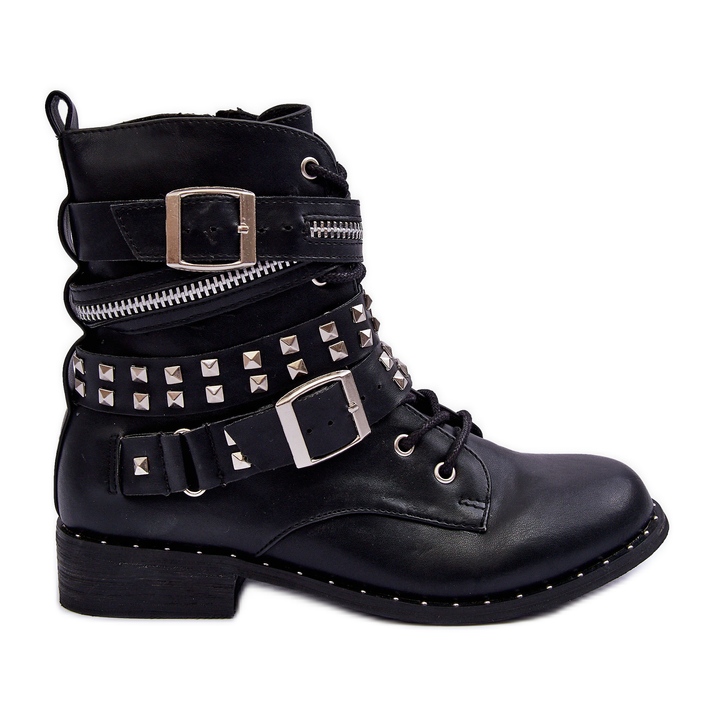 LU BOO Botines Infantiles Con Tachuelas, Cremallera y Hebillas, Negro