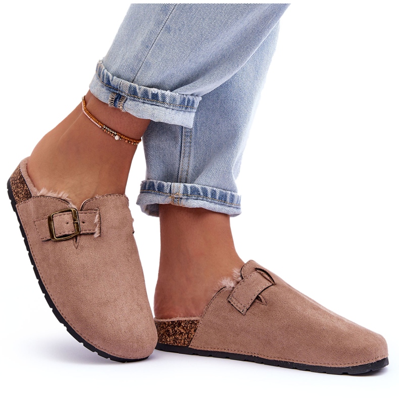 Chanclas Mujer Ante Beige Con Pelo Haidamia