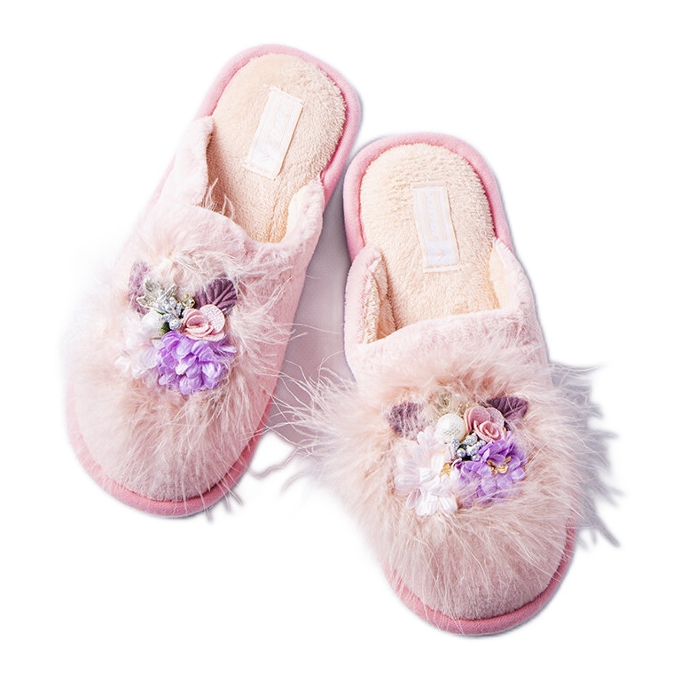 Pantuflas calentitas rosas con flores de Moly rosado