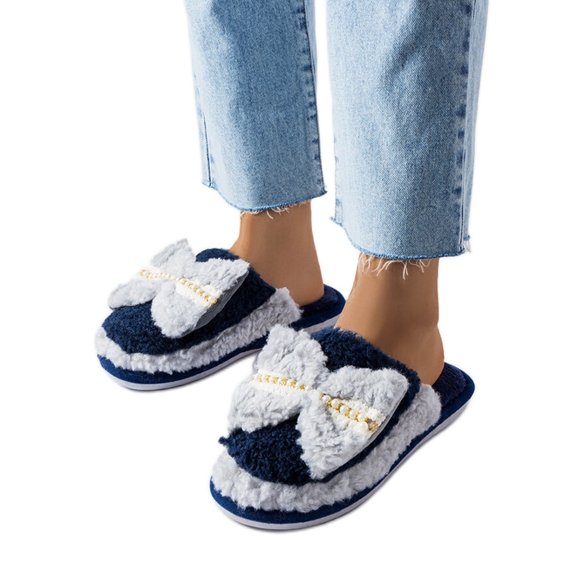 Babuchas azul marino y gris con lazo