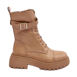 Botas Obrera de Piel con Tacón Plano y Hebilla, Beige Samivlo Botas Obrera de Piel con Tacón Plano y Hebilla, Beige Samivlo