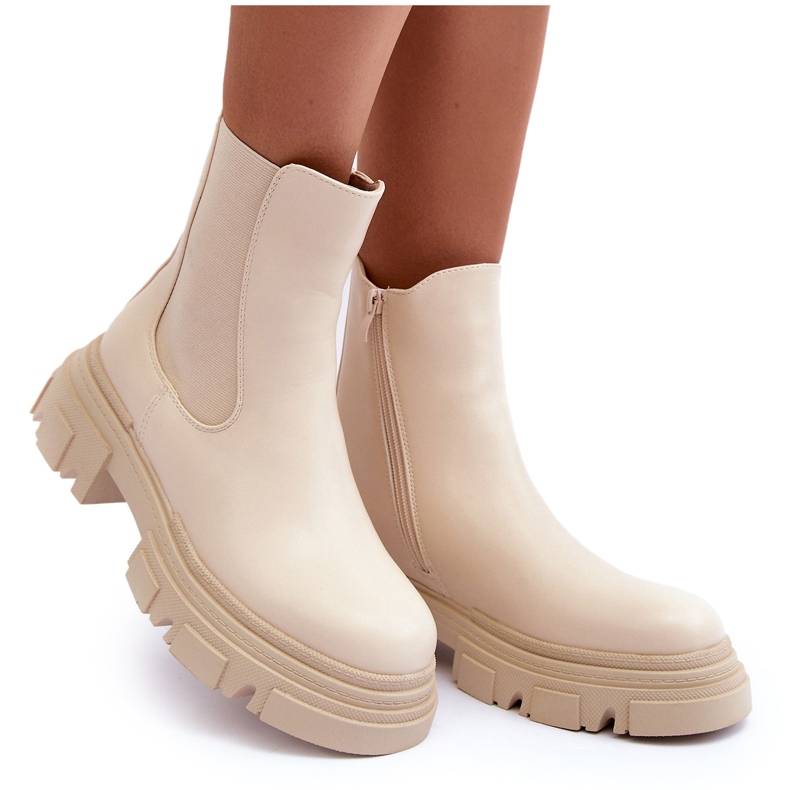 Botas Chelsea de piel con tacón plano y plataforma, beige claro Solita