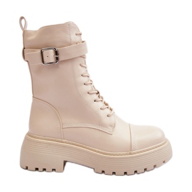 Botines Obrero De Piel Con Tacón Plano Y Hebilla Beige Claro Samivlo