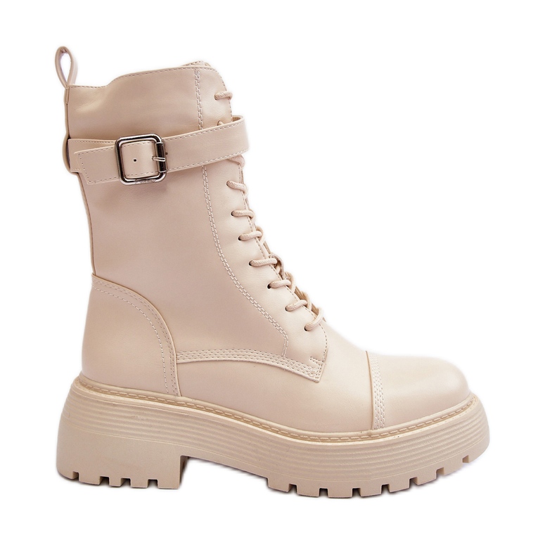 Botines Obrero De Piel Con Tacón Plano Y Hebilla Beige Claro Samivlo