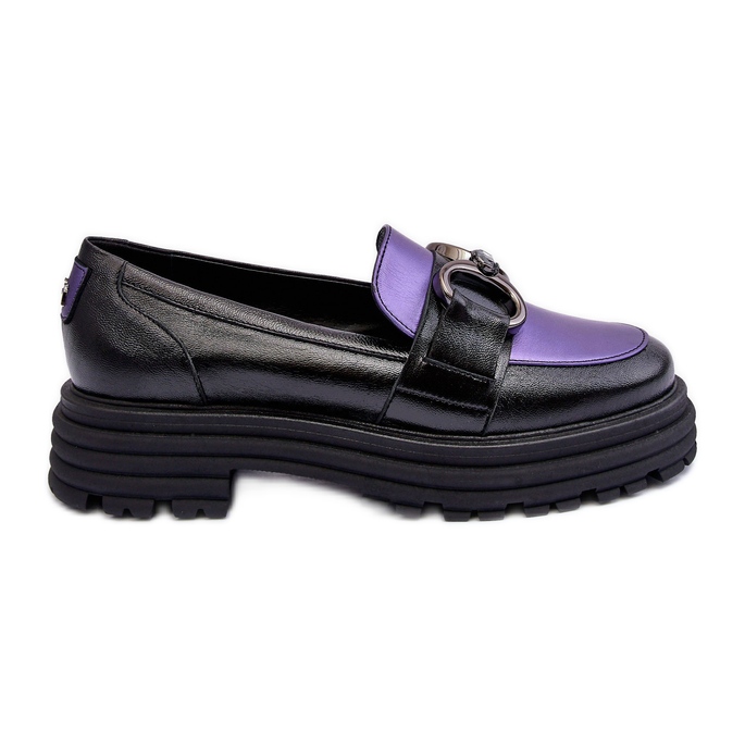 Laura Messi Mocasines De Mujer De Piel Con Tacón Plano Negro Y Morado Elkiza
