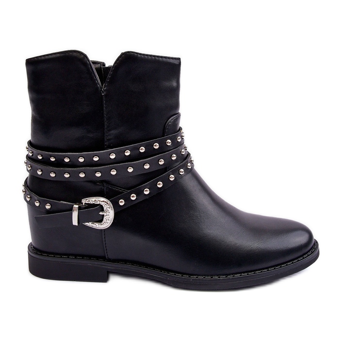 Botas planas de mujer de piel decoradas negras de Adkrana negro