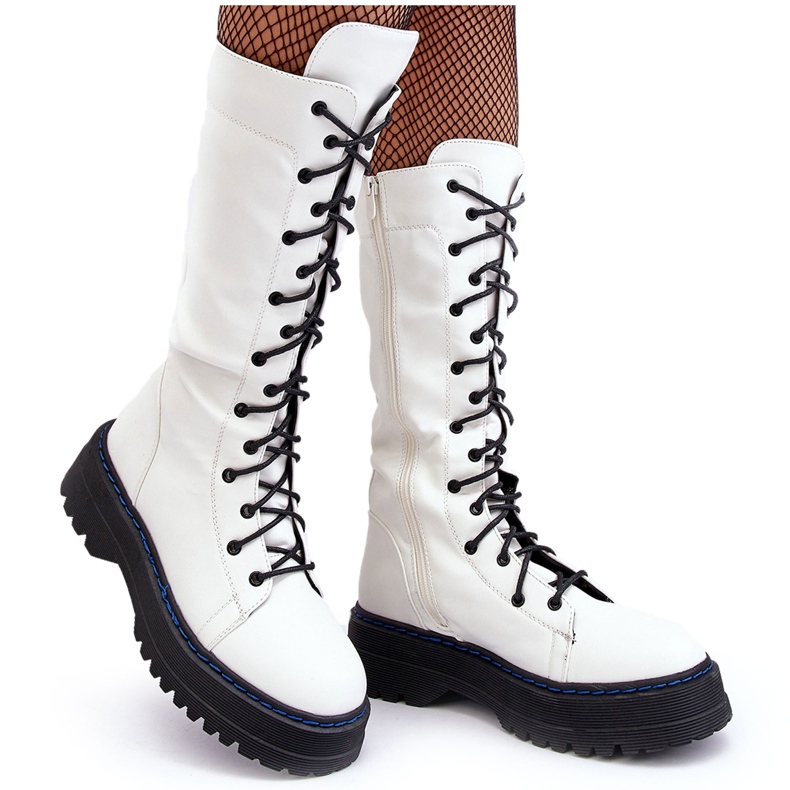 Botas de Piel con Cordones y Cremallera, Blanco Zoraida