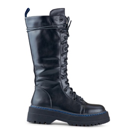 Botas hasta la rodilla con cordones para mujer hechas de cuero ecológico negro