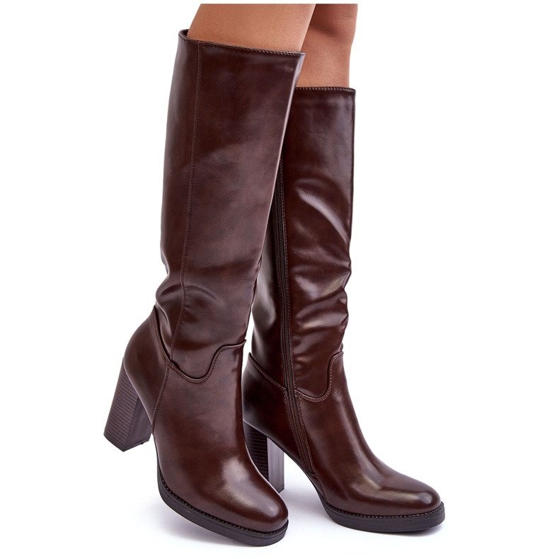 PS1 Botas elegantes de piel por encima de la rodilla con tacón alto, marrón, Felsha