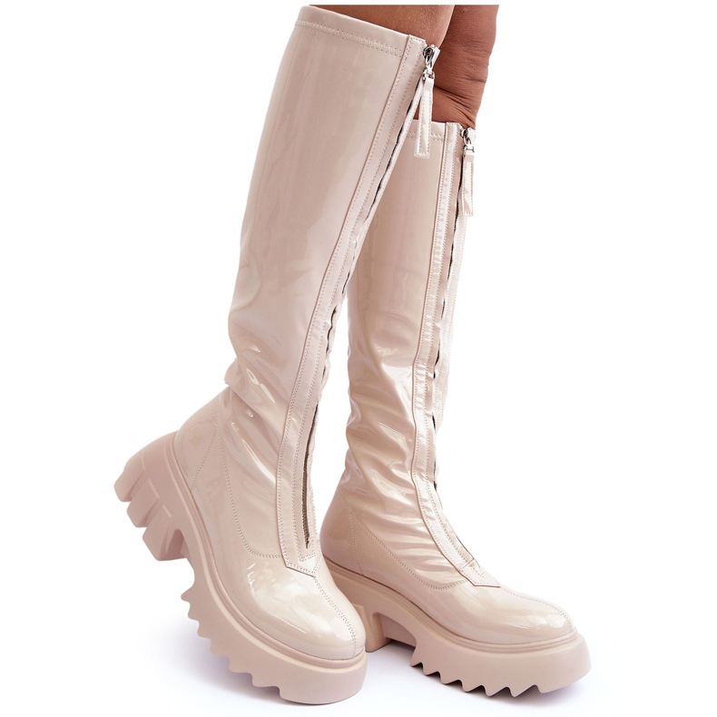 PS1 Botas de charol con plataforma enorme y cremallera, Beige Ringo PS1 Botas de charol con plataforma enorme y cremallera, Beige Ringo
