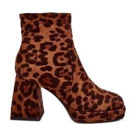 PS1 Botines de ante con tacón grueso, estampado animal, marrón Abnous PS1 Botines de ante con tacón grueso, estampado animal, marrón Abnous