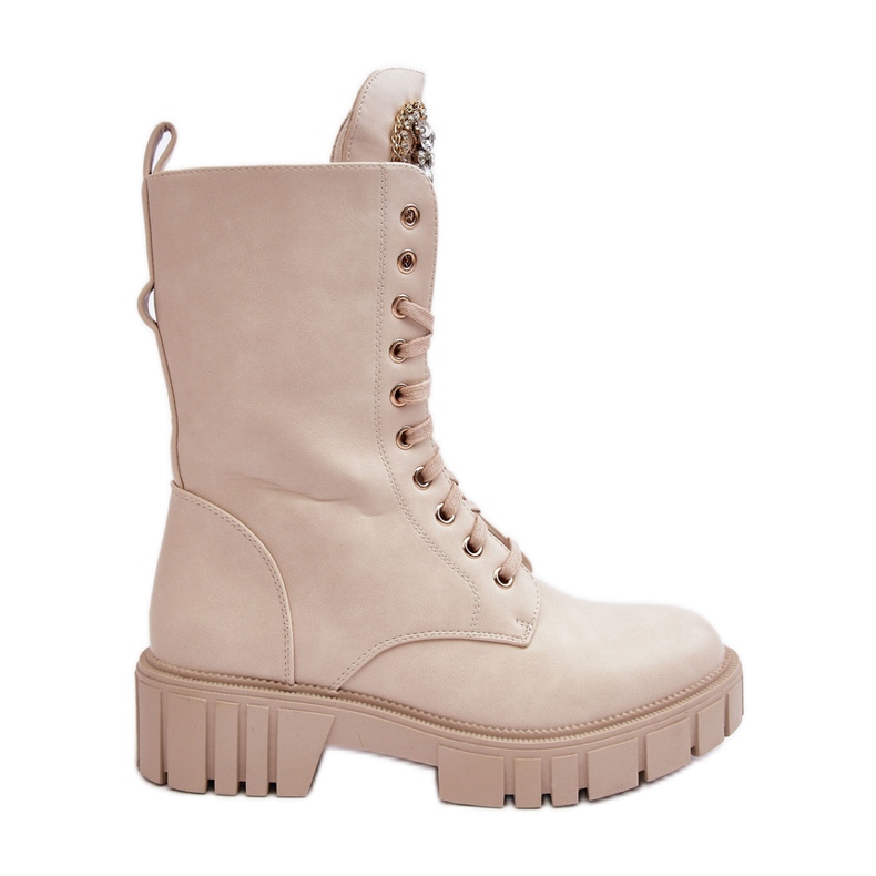 PS1 Botines de trabajador de cuero Marx beige con decoración de joyas