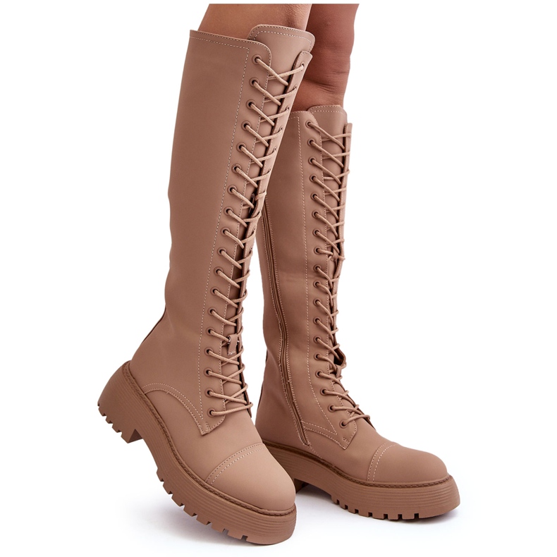 PS1 Botas cálidas por encima de la rodilla con cordones, beige oscuro, Bergdis