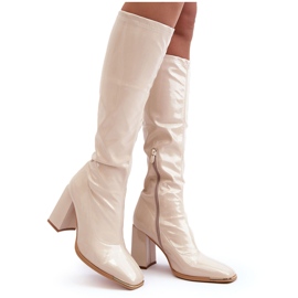 PS1 Botas de charol con tacón alto por encima de la rodilla, Beige Mlokva