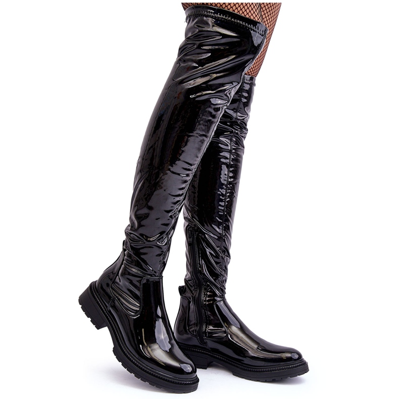 PS1 Botas por encima de la rodilla de charol con tacón plano, Rilema negro