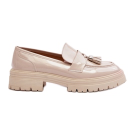 Zapatos Mocasines Charol Con Flecos, Beige Claro Velenase