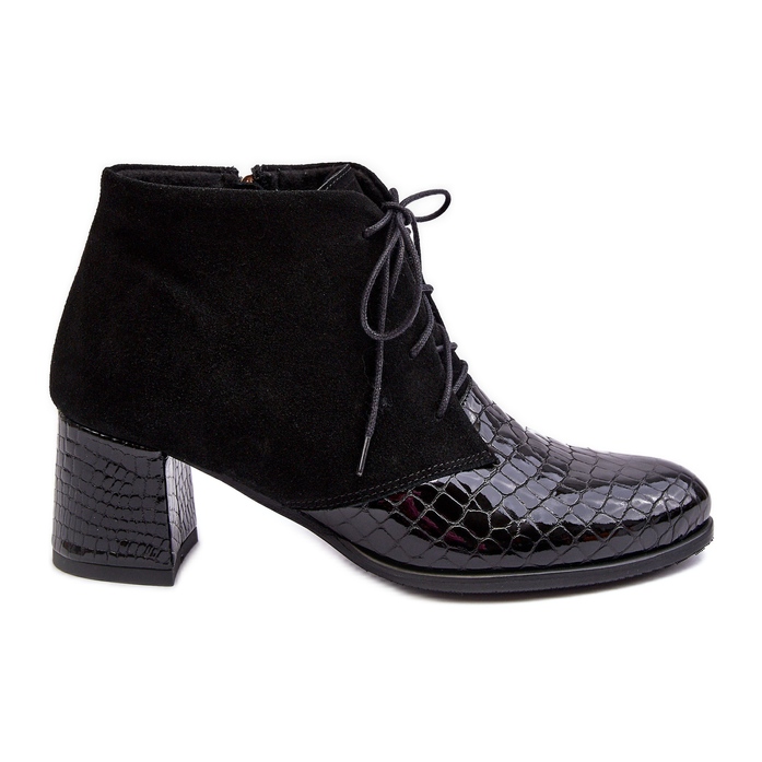 PA2 Botines de mujer con tacón bajo, estampado de serpiente, negro Ebba