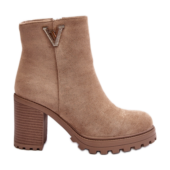 WJ2 Botines Mujer Tacón Alto Ante Con Adorno, Beige Fuerte