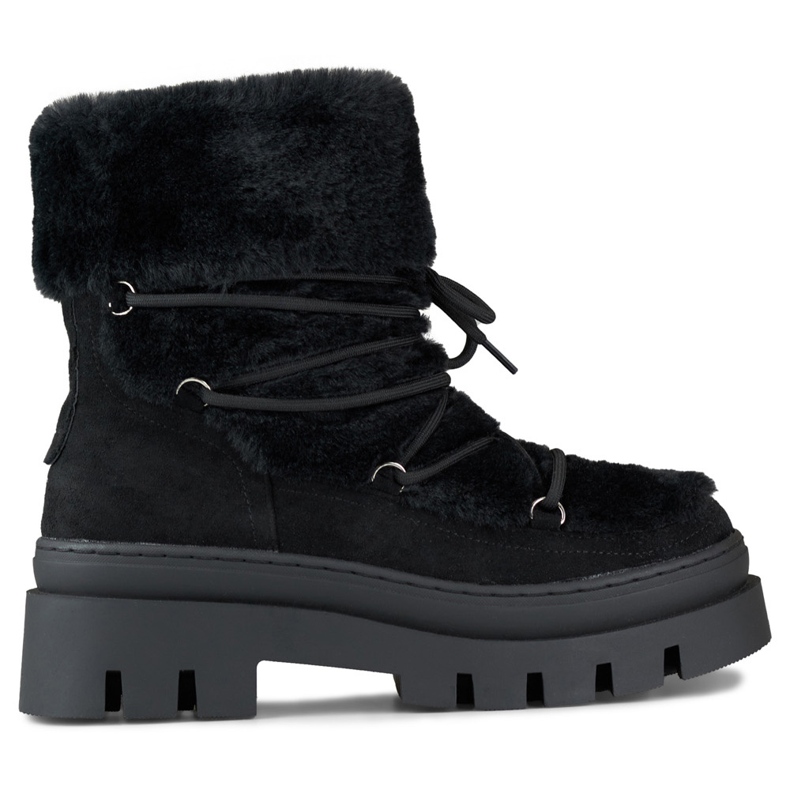 Botas de nieve de mujer de pelo negro con cordones decorativos Botas de nieve de mujer de pelo negro con cordones decorativos