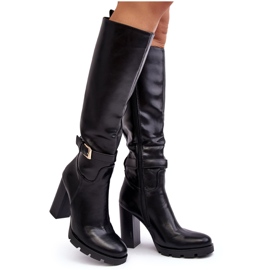 Botas Mujer Piel Tacón Alto Con Hebilla Bordda Negro
