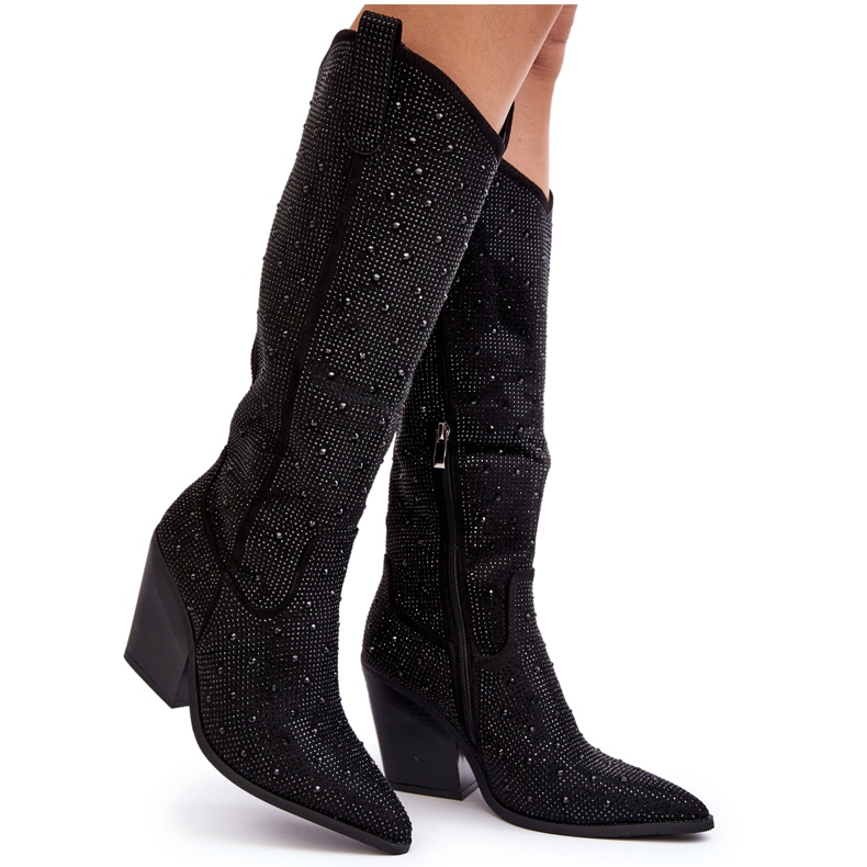 Botas Cowboy por Encima de la Rodilla para Mujer Decoradas con Pedrería, Negro Poelstra